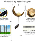 Moon Solar Garden Lights Outdoor Waterproof Stake Yard Decor with crescent moon design, 8" x 7.7" x 40", bronze finish.