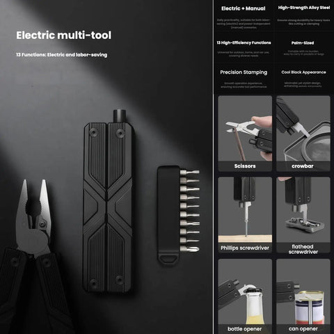 13-in-1 Full-Size Multitool With Ratcheting Screwdriver And Pliers Functions Crafted From Heat-Treated Steel, black design with various tools.