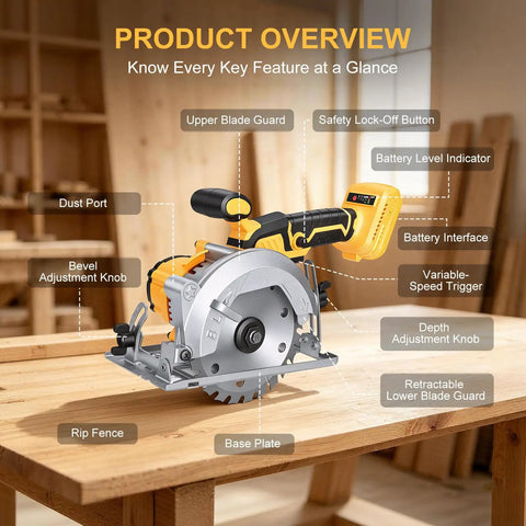 5.5 Inch Cordless Circular Saw Tool Only Compatible With DeWalt 20V Max Batteries showing features like bevel adjustment and safety lock.