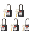 Five Black Lockout Tagout Locks Keyed Alike OSHA Compliant Safety Padlocks for LOTO Kits displayed with keys