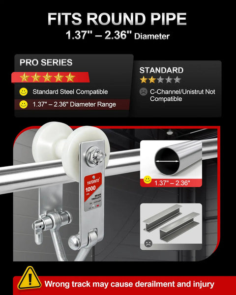 Heavy Duty Overhead Sliding Cart For Round Pipe Tracks 1000 Pound Capacity Garage Shop showing fit for 1.37" - 2.36" round pipes.