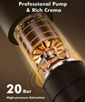 Close-up of 20 bar pump mechanism in All In One Portable Coffee Maker Set With Mini Electric Espresso Machine.