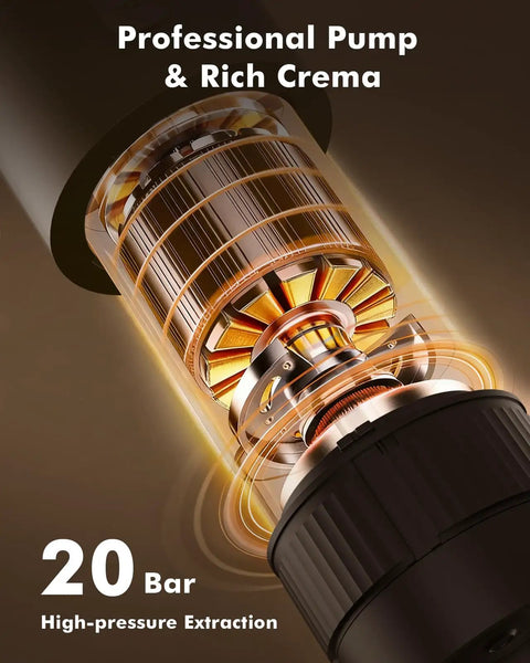 Close-up of 20 bar pump mechanism in All In One Portable Coffee Maker Set With Mini Electric Espresso Machine.