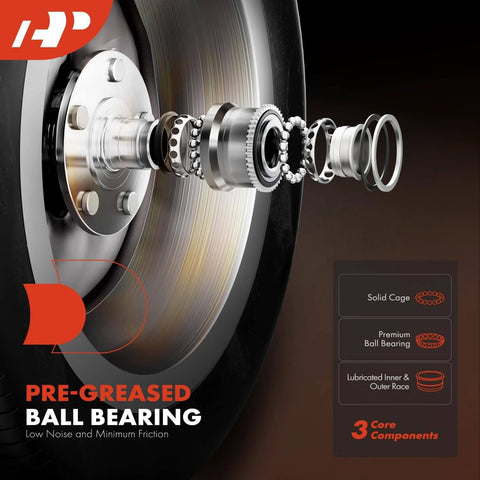 Illustration of pre-greased front wheel hub bearing assembly with ABS sensor, 5-lug fits Buick Cadillac Chevrolet 1991-1999.