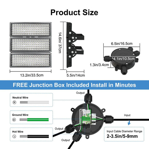 Heavy Duty 300W LED Stadium Lights 42000LM Outdoor Flood Lighting size and junction box details with measurements.