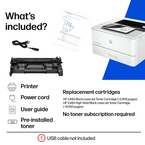 LaserJet Pro 4001N Black And White Printer with included power cord, toner, user guide; ideal for small teams, fast printing