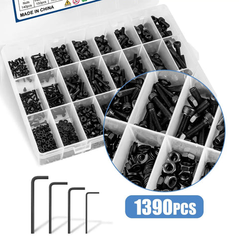 Heavy Gauge Metric Hex Socket Screw Kit With M2 M3 M4 M5 Bolts Matching Nuts And Flat Washers organized in a plastic case.