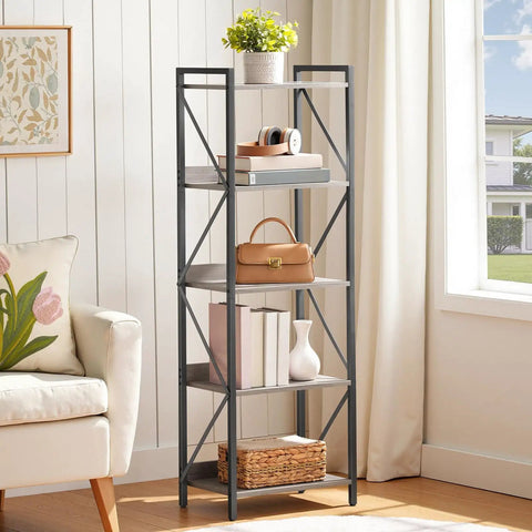 No Fuss Five Tier Industrial Bookcase With Sturdy Metal Frame And Secure Back Barrier Sweet Vertical Storage Organizer That Looks Dang Fine In Any Living Room Or Home Office Greige And Black, featuring books and decor.