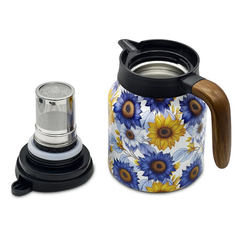 Sunflower Floral 35 Ounce Tea Pot With Infuser Insulated Stainless Steel Kettle For Loose Leaf Tea Big Capacity With 12 Hour Hot Or Cold Retention And Tea Water Separation Perfect For Everyday Hot Drinks.
