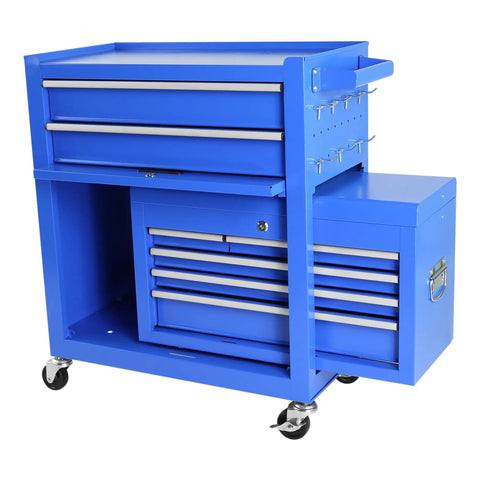 Built Tight Eight Drawer Rolling Tool Chest With Fully Lined Drawers And Locking Base Cabinet For No Mess Garages And Heavy Duty Shop Rigs In True Blue, showing rolling design and lined drawers.