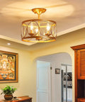 3 Light Farmhouse Semi Flush Mount Ceiling Light With Gold Finish in living room, rustic modern fixture, 12.6 inch diameter, 11.4 inch height