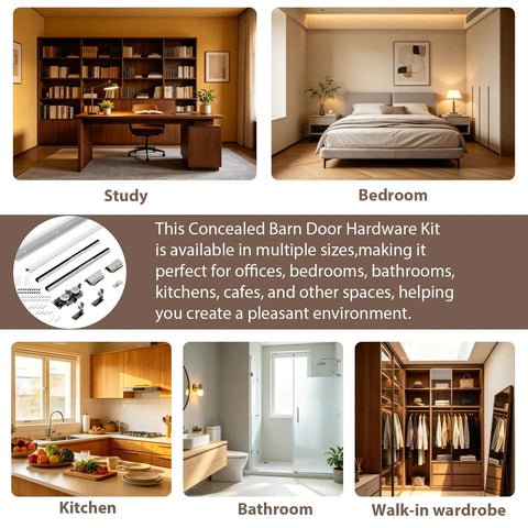 38 Inch Concealed Barn Door Hardware Kit, Sweet Soft Close Slider, multiple room setups including study and bedroom.
