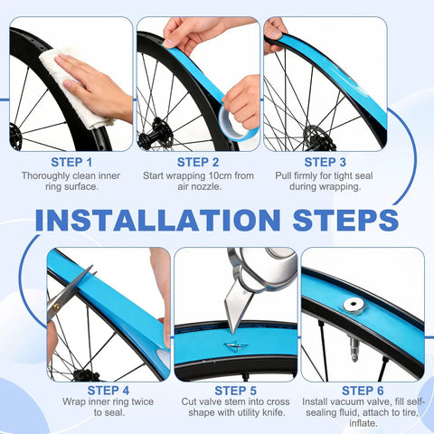Installation steps for Tubeless Rim Tape 25mm By 10m PET Tire Liner, showing cleaning, wrapping, sealing on bicycle wheel.