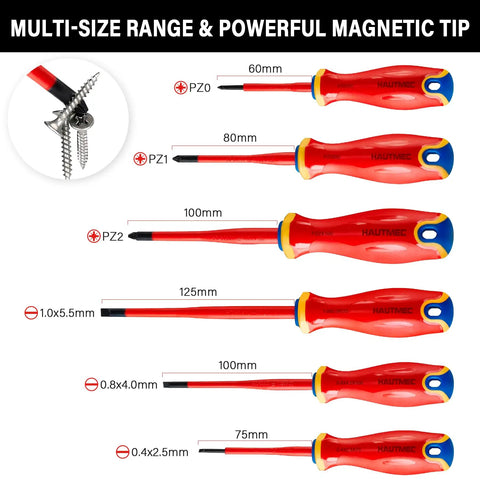 Workhorse Six Piece Insulated Screwdriver Set Rated At 1000 Volts With VDE And GS Certifications Forged From S2 Steel, showing various sizes and magnetic tips.
