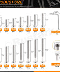 Kickass M6 Connector Bolt And Cap Nut Assortment Kit For Furniture Joints And Desk Assembly includes various M6 bolts and nuts with dimensions.