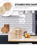 Premium Wooden Steaming Rice Basket Cooks Up Fluffy Fragrant Rice Fast Detachable Base on kitchen counter with rice inside.