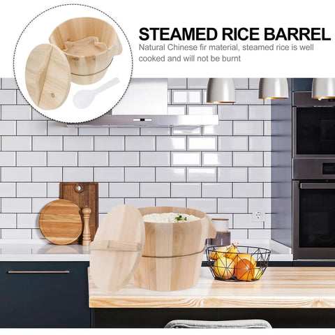 Premium Wooden Steaming Rice Basket Cooks Up Fluffy Fragrant Rice Fast Detachable Base on kitchen counter with rice inside.