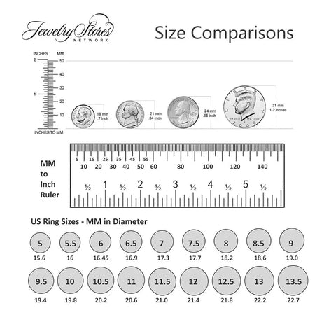 Size comparison chart for rings with measurements in mm and inches, including US ring sizes.