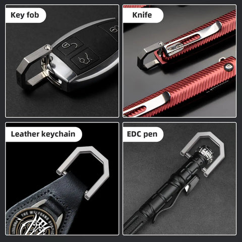 Rock Solid Titanium D Ring Keyholder with Hella Secure Crossbar Mount on key fob, knife, leather keychain, and EDC pen.