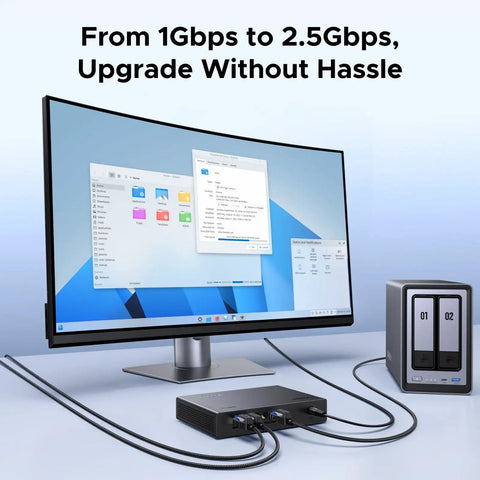 Five Port 2.5Gb Ethernet Switch With Five 2.5Gb Ports connected to desktop, NAS, displaying upgrade from 1Gbps to 2.5Gbps.