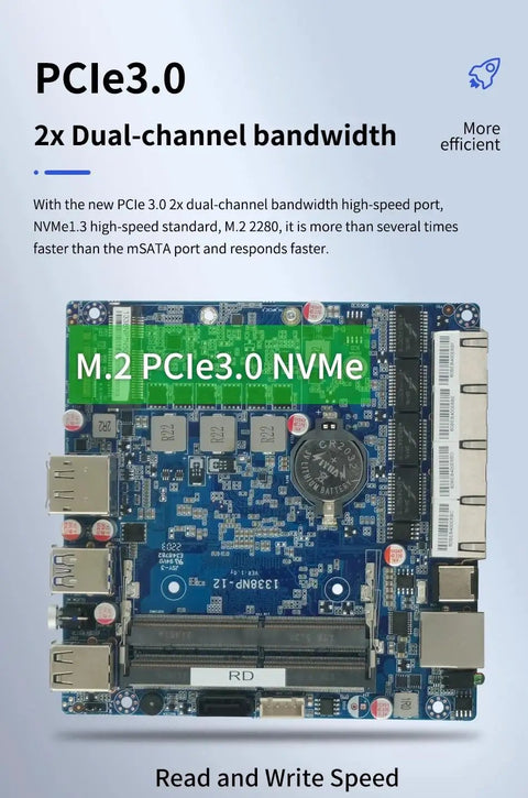 M.2 PCIe3.0 NVMe motherboard with dual-channel bandwidth for fast data operations in heavy duty fanless mini PC setups.