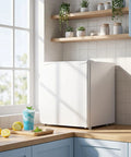 Hella Compact Mini Upright Freezer Packs 1 Point 1 Cubic Feet Inside positioned in a bright kitchen corner with lemons.