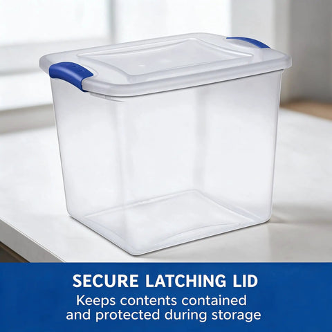 27 Quart Clear Plastic Storage Bin With Lock Down Latching Lid Stackable Organizer Tote For Home Clutter Control on a table.