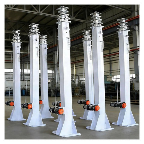 Solid Build Aluminum Telescopic Mast With Electric Push Button And Manual Hand Crank Dual Lift System For Portable Tv Antenna Ham Radio And Field Gear Quick Deploy four aluminum masts with motors displayed in a spacious warehouse.