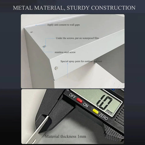 Heavy Duty EV Charger Canopy And Steel Roof Awning That Kicks Out Rain And Sun Guards Outdoor Posts With Tough As Nails Shielding and a detail of its stainless steel construction and 1mm thickness.