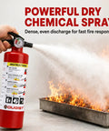 Heavy Duty ABC Fire Extinguisher Two Point Five Pound Dry Chemical discharging spray on flames for fast fire control.