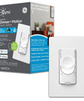 Smart Motion Sensing Dimmer Switch With Occupancy Sensor For Auto Lighting App Controlled Dimming Scheduling Scene Customization No Hassle Setup White Finish next to product packaging