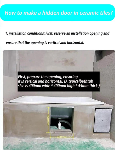 Installation guide for a hidden door with precise measurements for a 400mm opening in ceramic tiles.