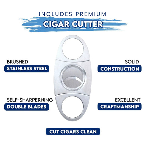 Stainless steel cigar cutter included in Large Eight Point Five Inch Black Glossy Ceramic Cigar Ashtray Kit For Indoor Outdoor Use