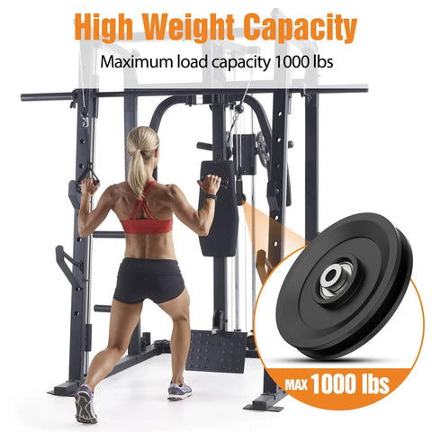 4.5 Inch Universal Nylon Bearing Pulley Wheel Replacement Heavy Duty Silent Spin 1000 Pounds Max Load Capacity used in gym equipment.