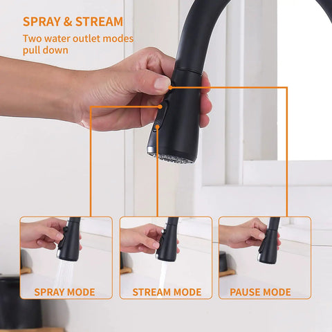 Touchless Kitchen Faucet With Pull Down Sprayer And Soap Dispenser, showing spray and stream mode controls, matte black