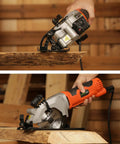Heavy Duty Mini Circular Saw With Beefy 4 Amp Motor And Crisp Laser Sight For Dang Clean Cuts On PVC Laminate Drywall And 2x4s Featuring Slick Dust Collection Port in use on wood.