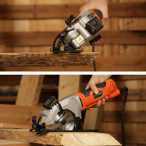 Heavy Duty Mini Circular Saw With Beefy 4 Amp Motor And Crisp Laser Sight For Dang Clean Cuts On PVC Laminate Drywall And 2x4s Featuring Slick Dust Collection Port in use on wood.