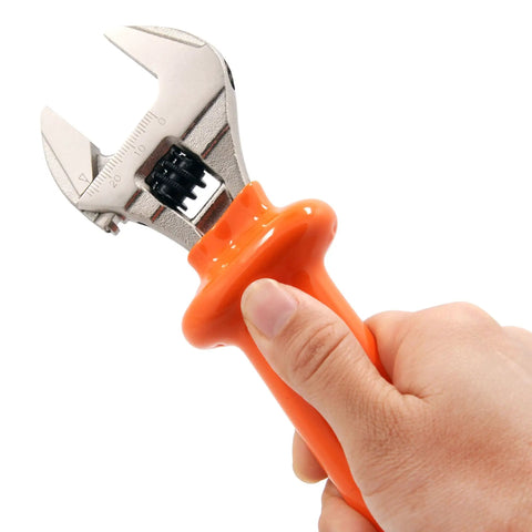 Hand holding 8 Inch Heavy Duty Insulated Electrician Adjustable Wrench With Cushioned Grip Nickel Plated Surface Anti Rust Finish High Voltage Up To 1000V Chrome Vanadium Steel Construction For Tough Jobs