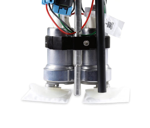 Beefy Drop In Dual Electric In Tank Fuel Pump Kit At 900 Lph with billet aluminum design and clamping base for gas or E85 builds.