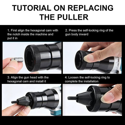 Step-by-step tutorial for Cordless Rivet Nut Gun Set With Led Work Light And Rechargeable Battery on replacing the puller.