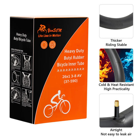 Two Pack Heavy Duty Bike Tire Inner Tubes 26 By 1 3 Eighths Inches AV32mm Schrader Valve box with product features