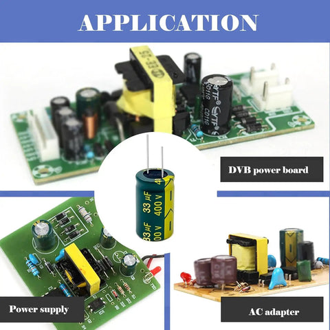 Top Shelf 10 Pack Of 400 Volt 22 Microfarad Aluminum Electrolytic Capacitors on electronic circuit boards for repairs.