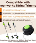 Compatible Greenworks trimmer models chart with 24V, 40V, 60V, 80V options and Spool Replacement Bump Trimmer Head image