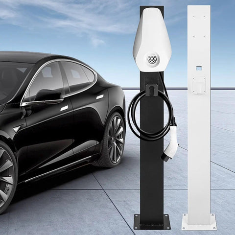 Heavy Duty EV Charger Holder Box Waterproof Outdoor Steel Cord Organizer Rack Stand Black near a black car in a parking space.