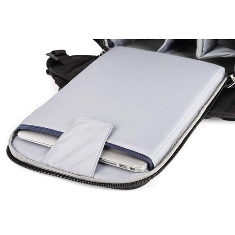 Open Urban Access 13 Side Loading Camera Backpack showing 13 inch laptop pocket with soft padding.