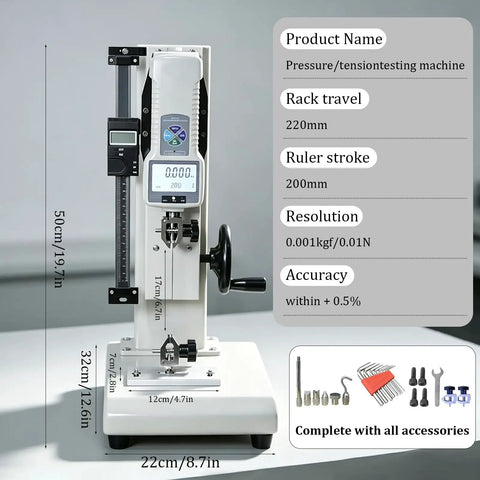 Heavy Duty Digital Push Pull Force Gauge With Smooth Hand Wheel Test Stand for precision tension compression checks, 220mm rack travel.