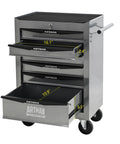 Professional Grade Roll Smooth Lock Tight Tool Storage Cabinet With Sturdy Steel Top And Heavy Duty Ball Bearing Slides For Your Ultimate Garage Setup Silver Finish with open drawers and dimensions.