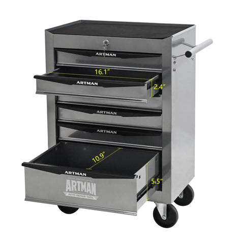 Industrial Grade Rolling Tool Storage Cabinet With Tough Steel Top And Glide Smooth Ball Bearing Slides Mobile Garage Chest With Brake Caster Wheels For Weekend Warriors And Daily Shop Grind Projects Silver, featuring multiple drawers and a polished top.
