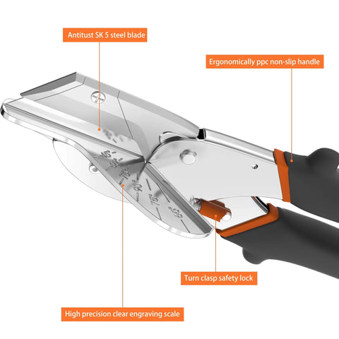 Close-up of multi-angle miter shear cutter set adjustable 45 to 135 degrees with aluminum handle and heavy-duty blade details.