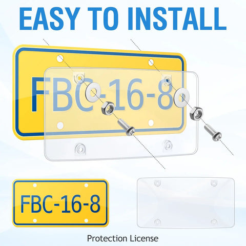 Installation graphic of Two Pack Clear License Plate Covers Unbreakable Bubble Protector with screws, showing transparency and fit.